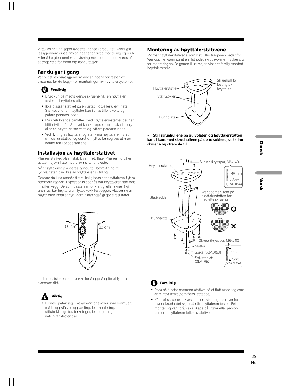 Før du går i gang, Installasjon av høyttalerstativet, Montering av høyttalerstativene | Pioneer CP-2EX User Manual | Page 29 / 40