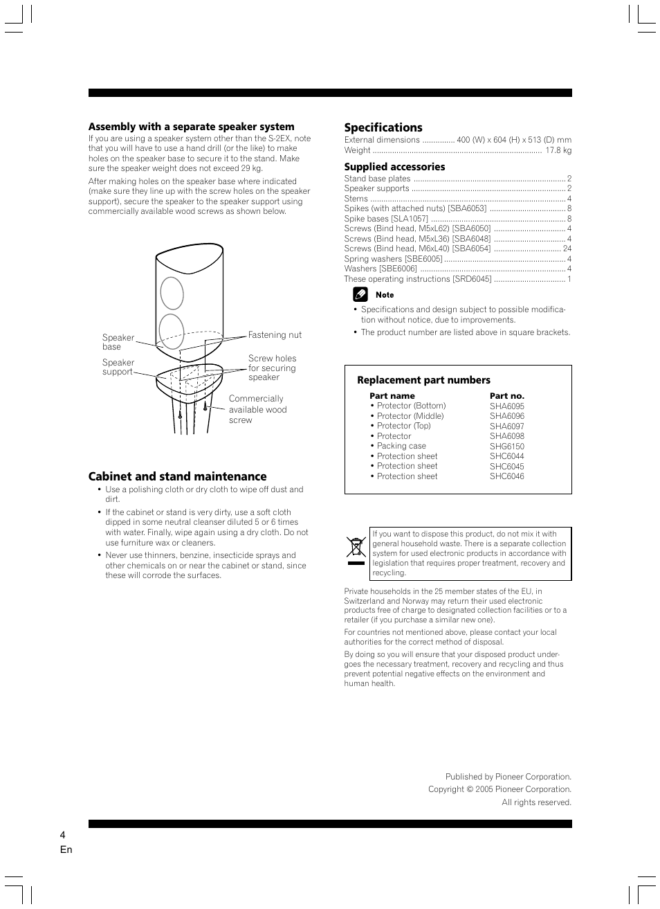 Cabinet and stand maintenance, Specifications | Pioneer CP-2EX User Manual | Page 4 / 40