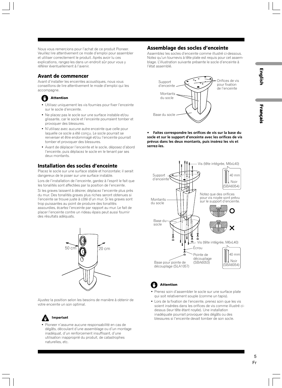 Avant de commencer, Installation des socles d’enceinte, Assemblage des socles d’enceinte | Pioneer CP-2EX User Manual | Page 5 / 40