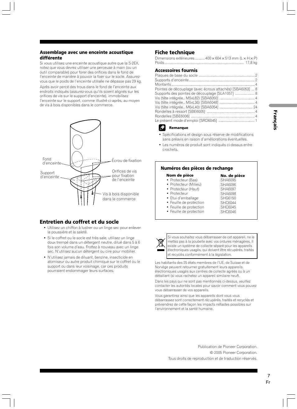 Entretien du coffret et du socle, Fiche technique | Pioneer CP-2EX User Manual | Page 7 / 40