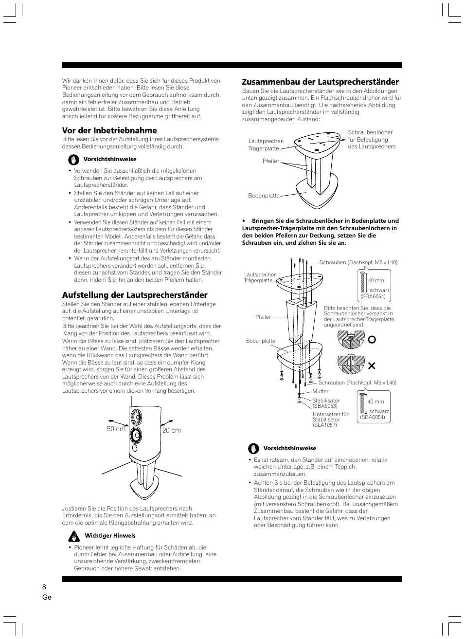 Vor der inbetriebnahme, Aufstellung der lautsprecherständer, Zusammenbau der lautsprecherständer | Pioneer CP-2EX User Manual | Page 8 / 40