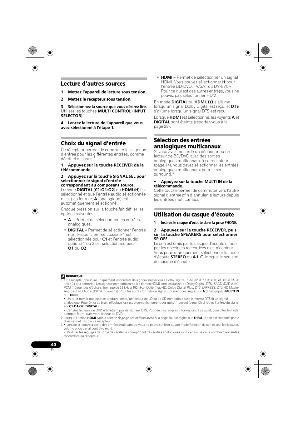 Lecture d’autres sources, Choix du signal d’entrée, Sélection des entrées analogiques multicanaux | Utilisation du casque d’écoute | Pioneer VSX-819H-S User Manual | Page 110 / 212