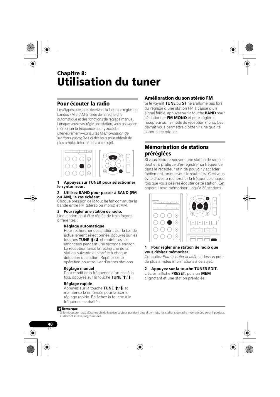 Utilisation du tuner, Pour écouter la radio, Amélioration du son stéréo fm | Mémorisation de stations préréglées, Chapitre 8, Remarque | Pioneer VSX-819H-S User Manual | Page 118 / 212