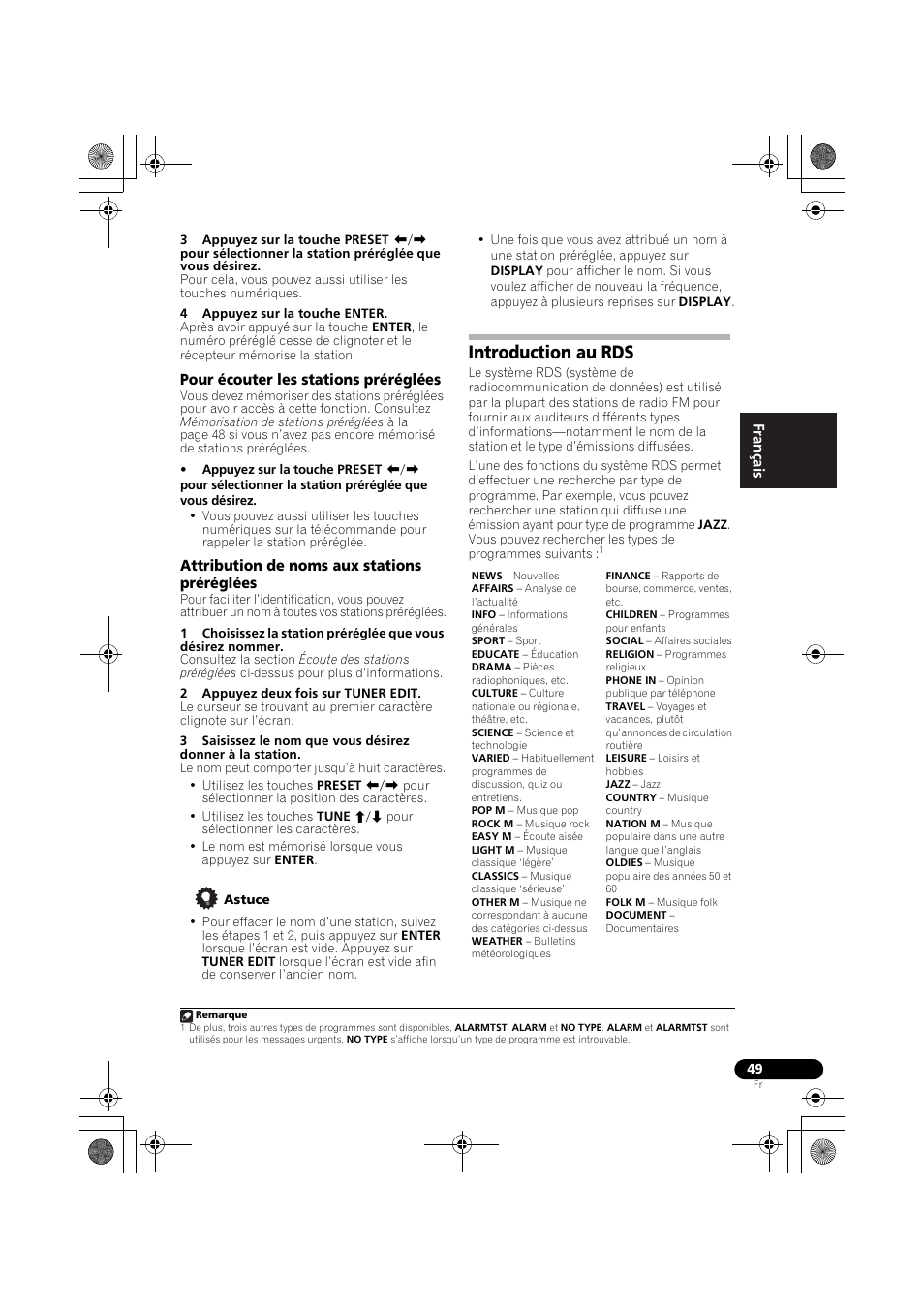 Pour écouter les stations préréglées, Attribution de noms aux stations préréglées, Introduction au rds | Pioneer VSX-819H-S User Manual | Page 119 / 212