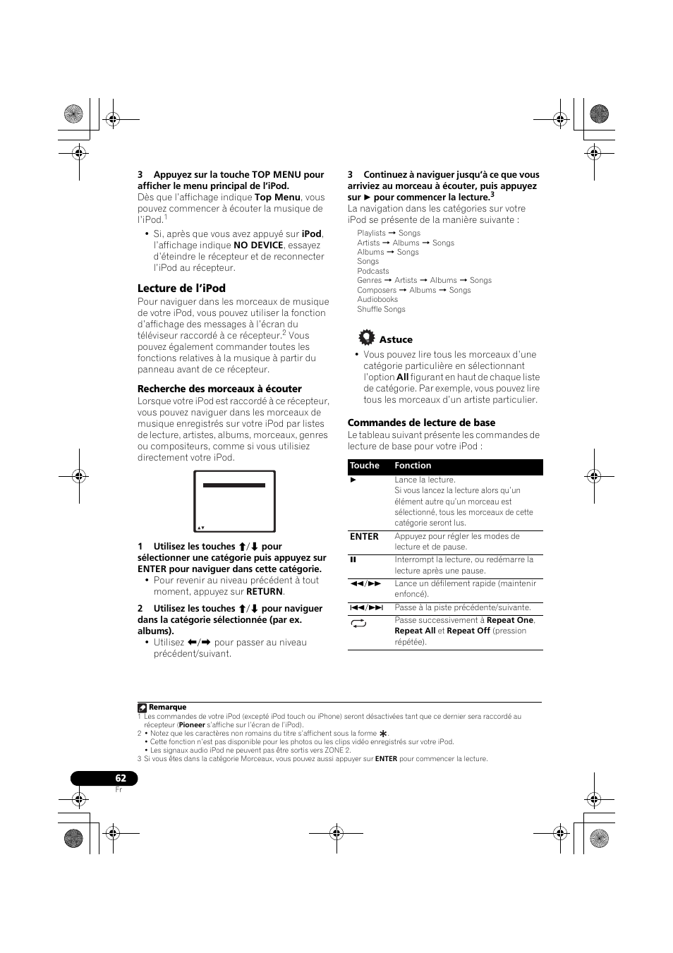 Lecture de l’ipod, Recherche des morceaux à écouter, Commandes de lecture de base | Pioneer VSX-819H-S User Manual | Page 132 / 212