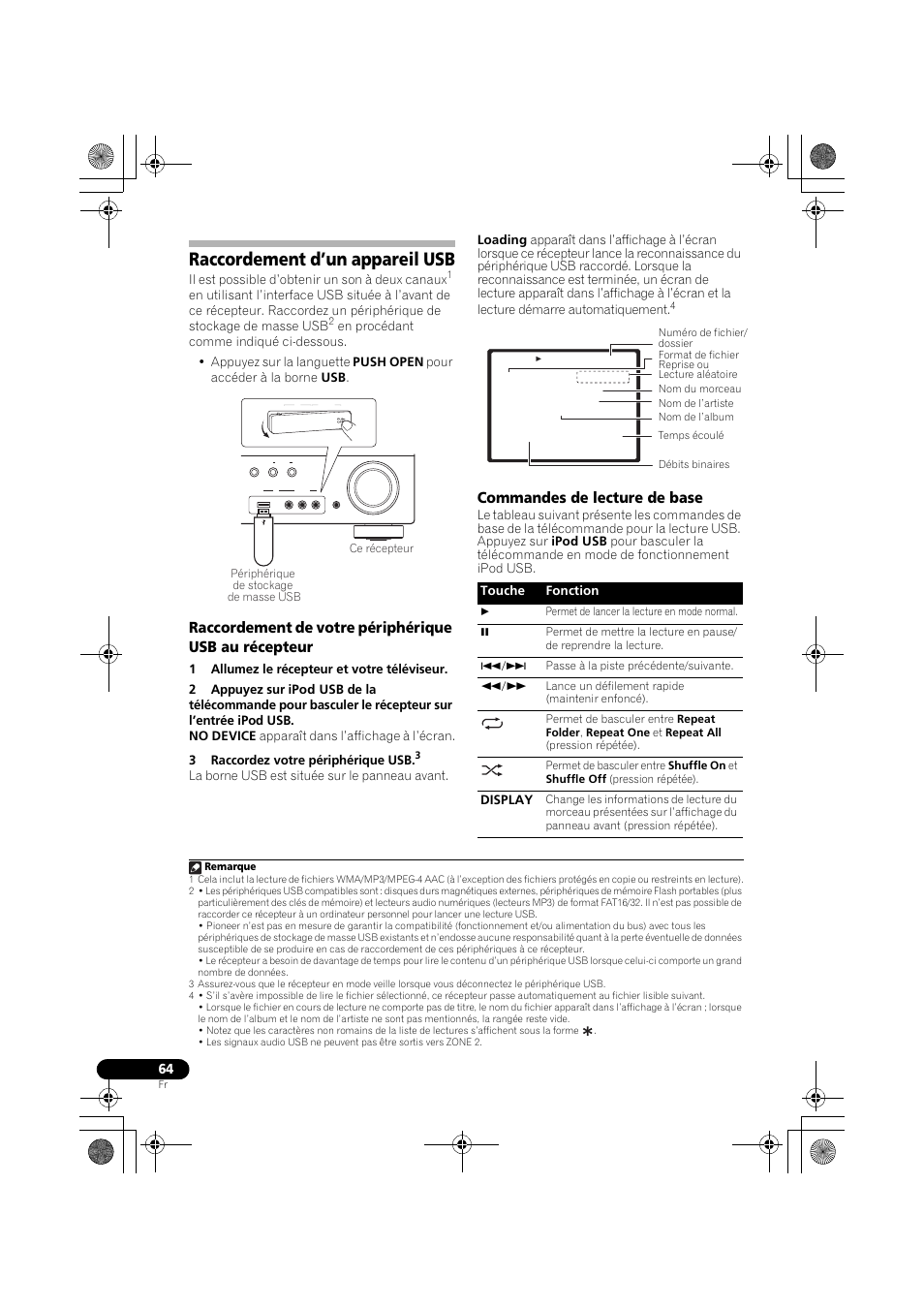 Raccordement d’un appareil usb, Commandes de lecture de base, Il est possible d’obtenir un son à deux canaux | Touche fonction, Display | Pioneer VSX-819H-S User Manual | Page 134 / 212