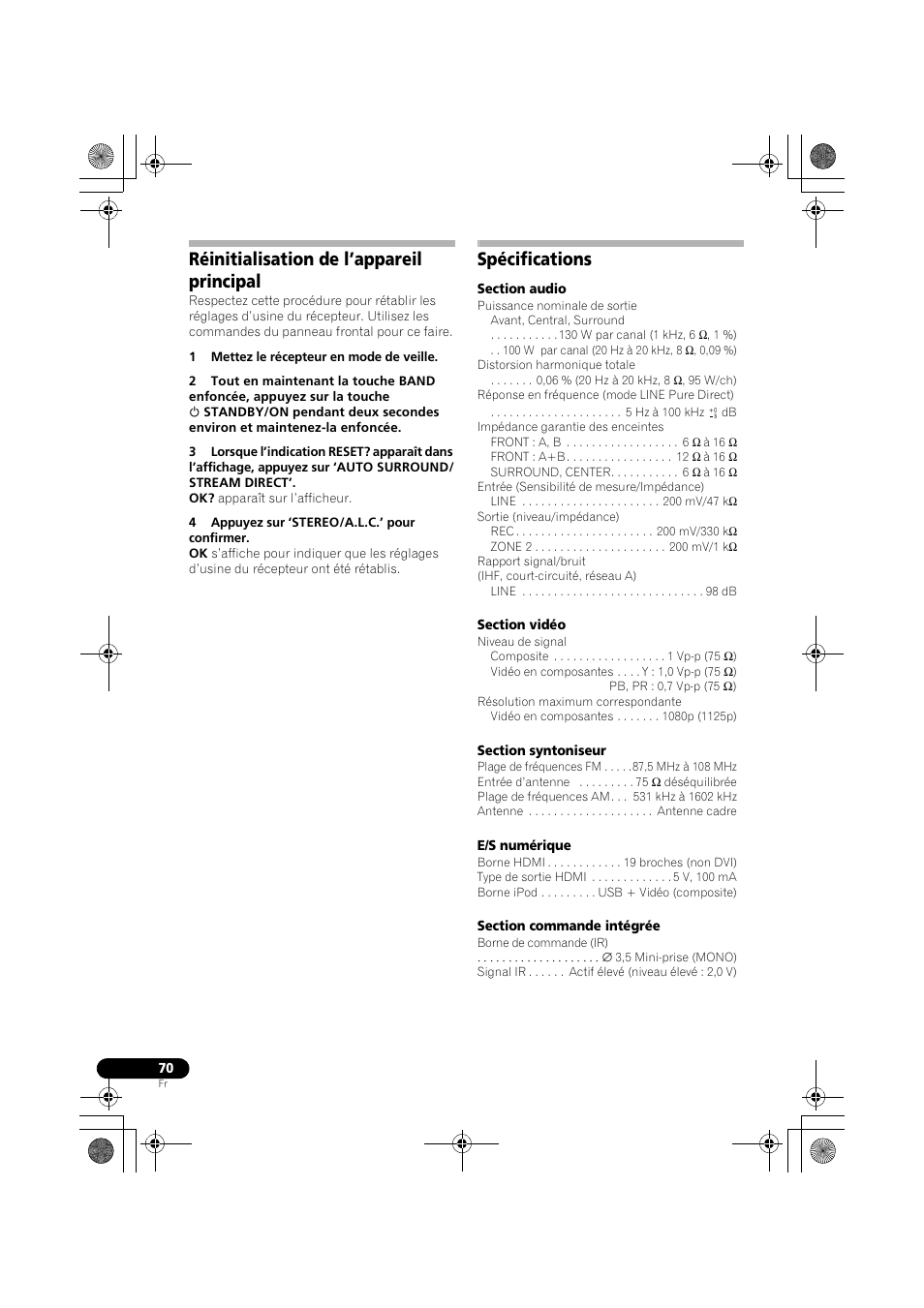 Réinitialisation de l’appareil principal, Spécifications | Pioneer VSX-819H-S User Manual | Page 140 / 212