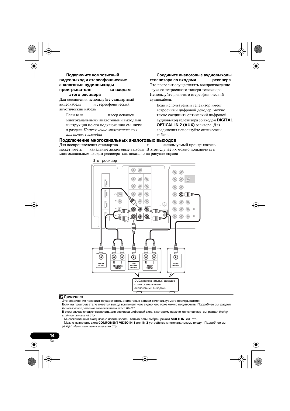 Подкл чение многоканальных аналоговых выходов, Подключение многоканальных аналоговых выходов, Этот ресивер | Примечание | Pioneer VSX-819H-S User Manual | Page 154 / 212