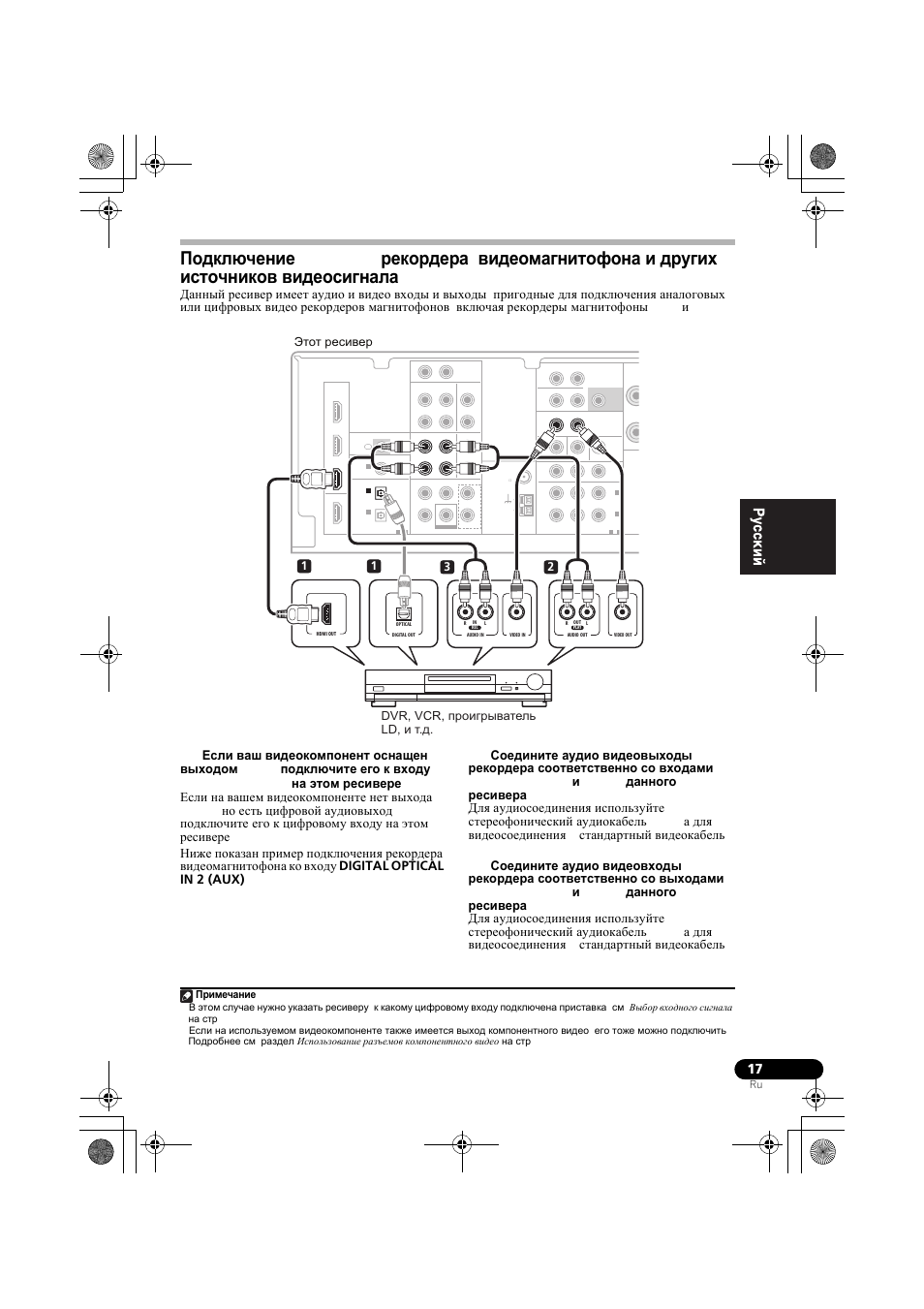 Подключение hdd/dvd рекордера, Видеомагнитофона и других источников, Видеосигнала | Примечание | Pioneer VSX-819H-S User Manual | Page 157 / 212