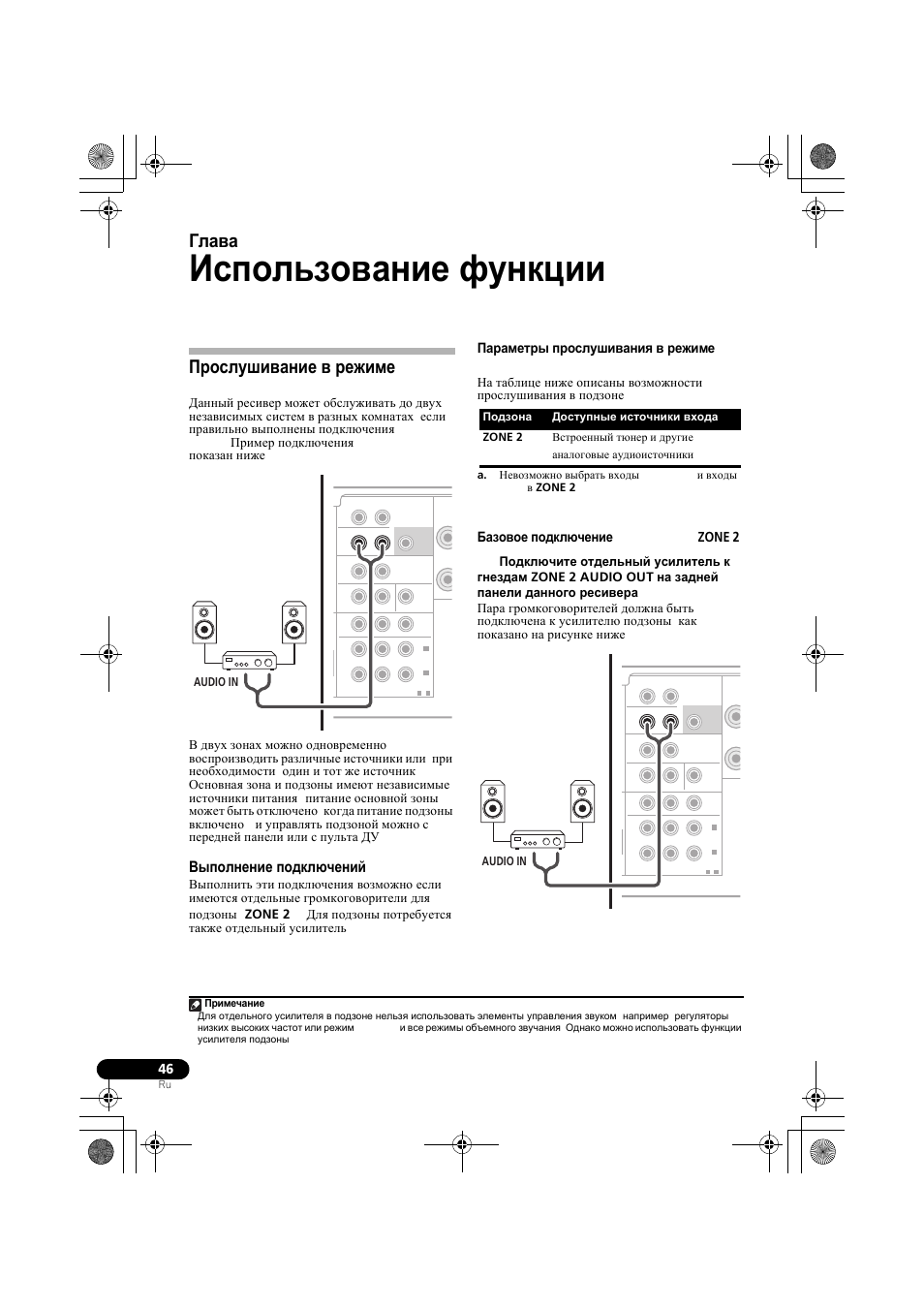 Использование функции multi- zone, П²ослушивание в ²ежиме multi- zone, Выполнение подкл чений multi-zone | Прослушивание в режиме multi-zone, Выполнение подключений multi-zone, Глава 7, Прослушивание в режиме multi- zone, Параметры прослушивания в режиме multi-zone, Базовое подключение multi-zone (zone 2), Для подзоны потребуется также отдельный усилитель | Pioneer VSX-819H-S User Manual | Page 186 / 212