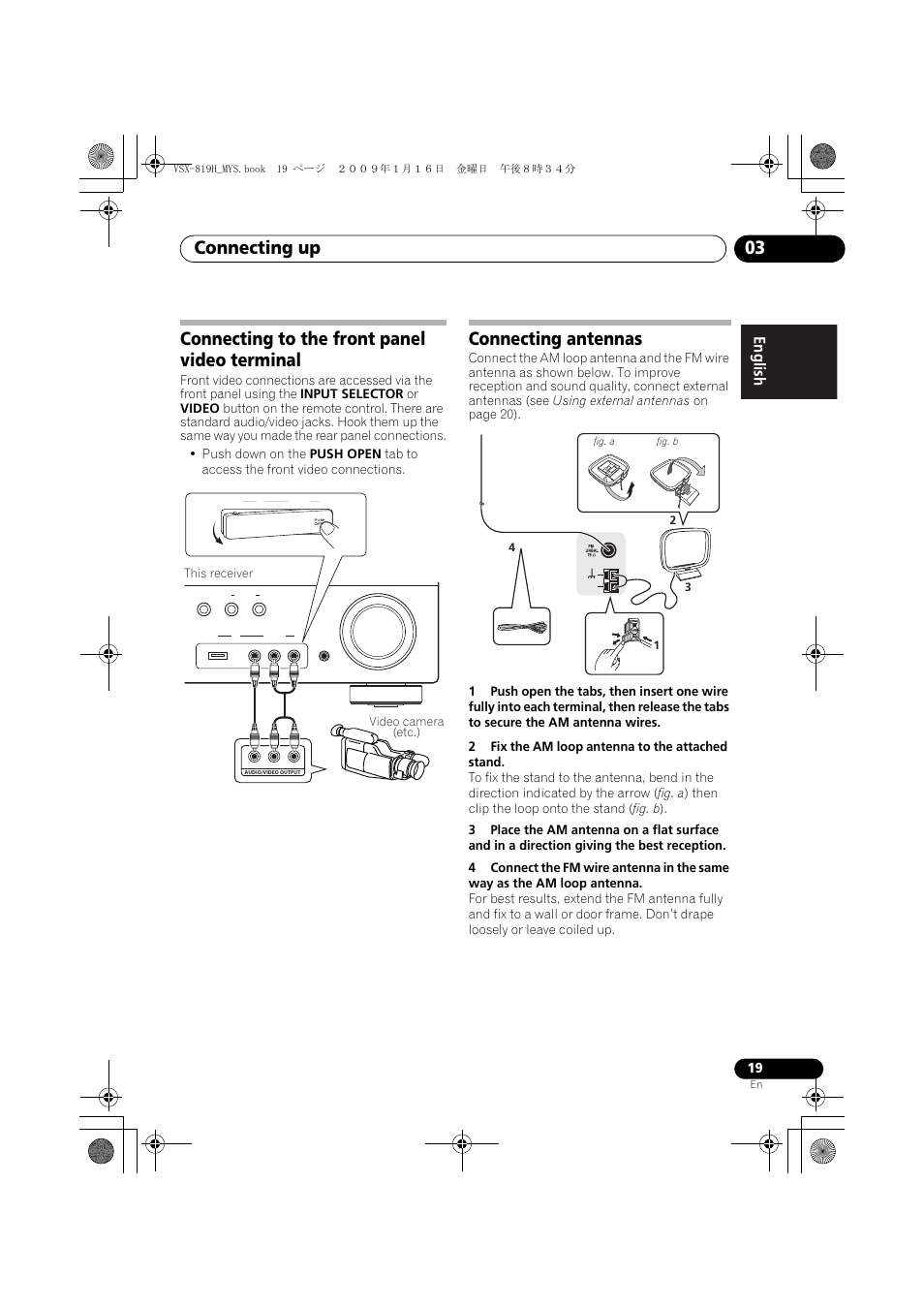 Connecting to the front panel video terminal, Connecting antennas, Connecting up 03 | Pioneer VSX-819H-S User Manual | Page 19 / 212