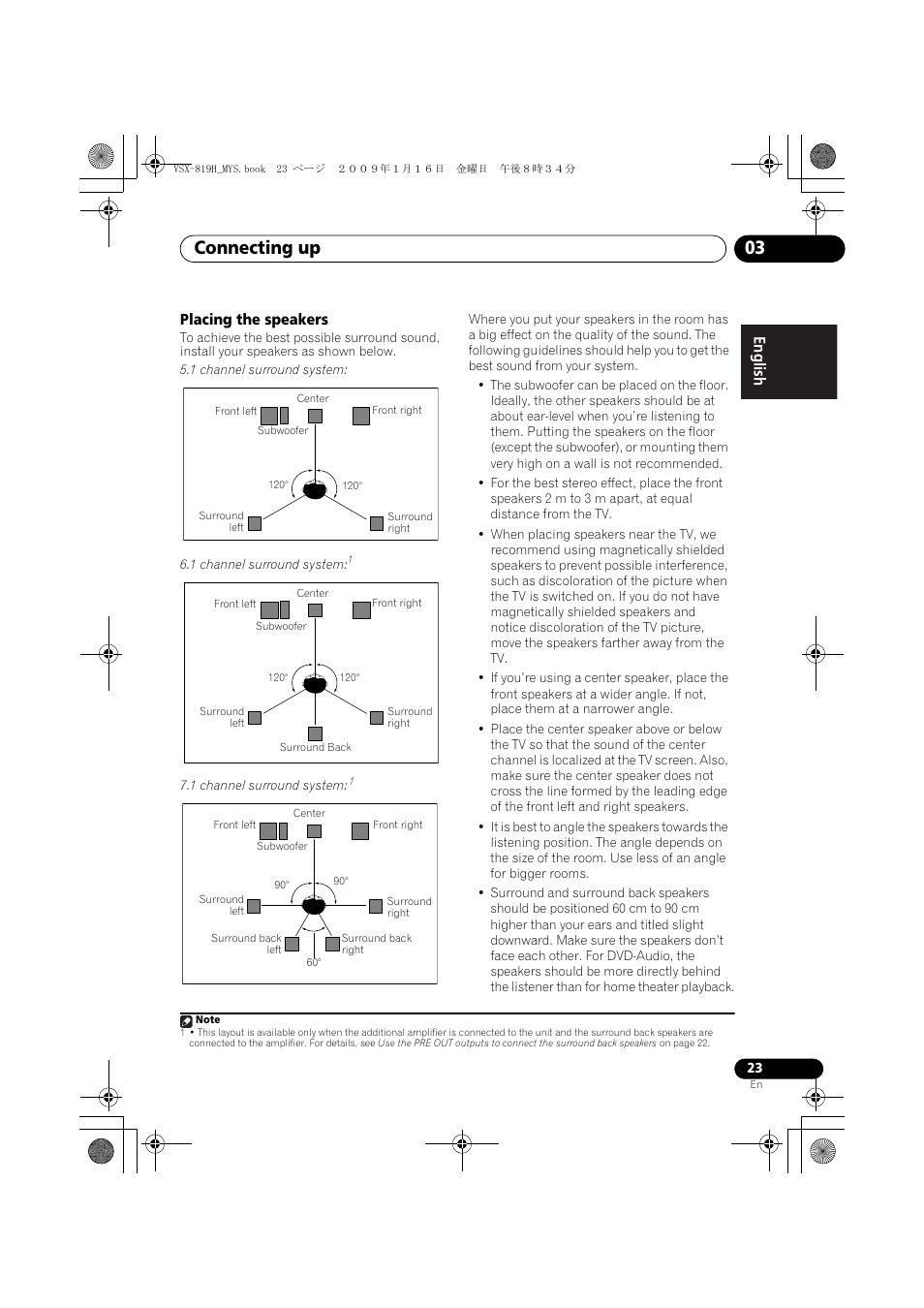 Placing the speakers, Connecting up 03 | Pioneer VSX-819H-S User Manual | Page 23 / 212