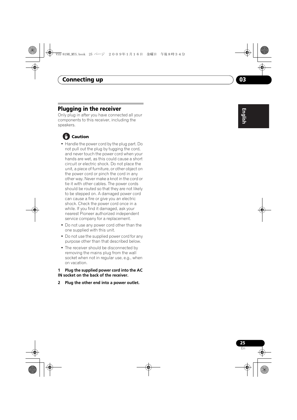 Plugging in the receiver, Connecting up 03 | Pioneer VSX-819H-S User Manual | Page 25 / 212