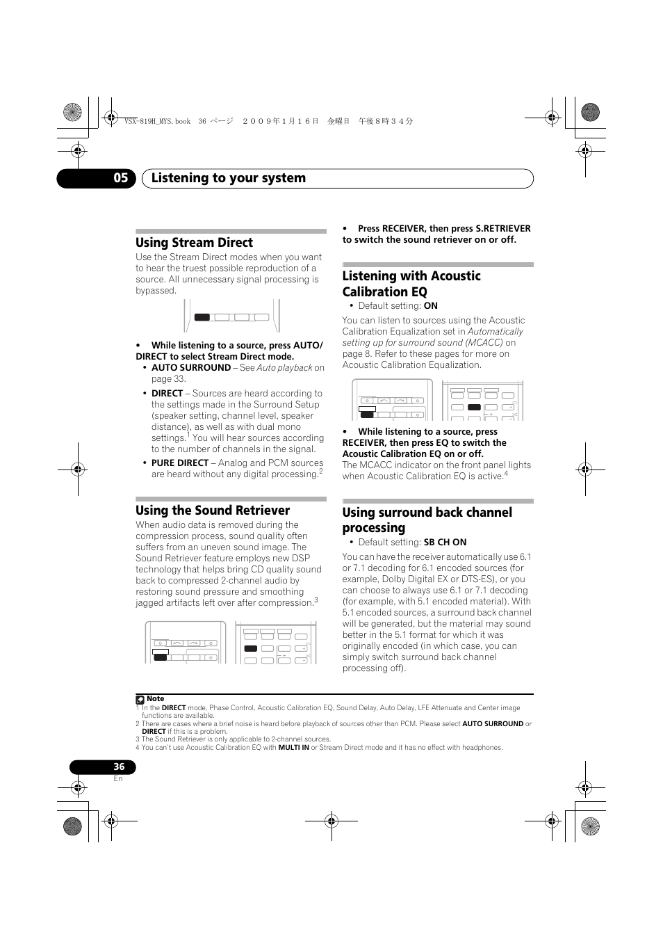 Using stream direct, Using the sound retriever, Listening with acoustic calibration eq | Using surround back channel processing, Surround sound, On these decoding formats), Setting the au, Listening to your system 05 | Pioneer VSX-819H-S User Manual | Page 36 / 212