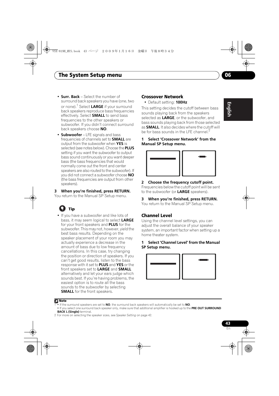 Crossover network, Channel level, The system setup menu 06 | Pioneer VSX-819H-S User Manual | Page 43 / 212