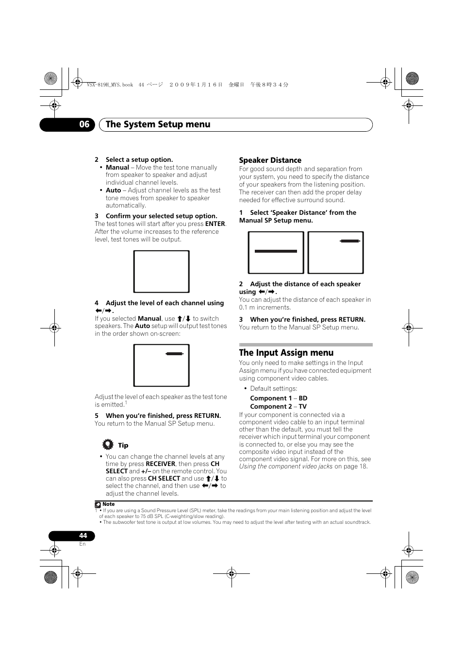 Speaker distance, The input assign menu, The system setup menu 06 | Pioneer VSX-819H-S User Manual | Page 44 / 212