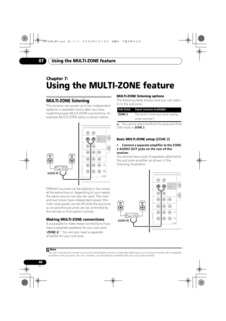 Using the multi-zone feature, Multi-zone listening, Making multi-zone connections | Using the multi-zone feature 07, Chapter 7, Multi-zone listening options, Basic multi-zone setup ( zone 2), Audio in | Pioneer VSX-819H-S User Manual | Page 46 / 212