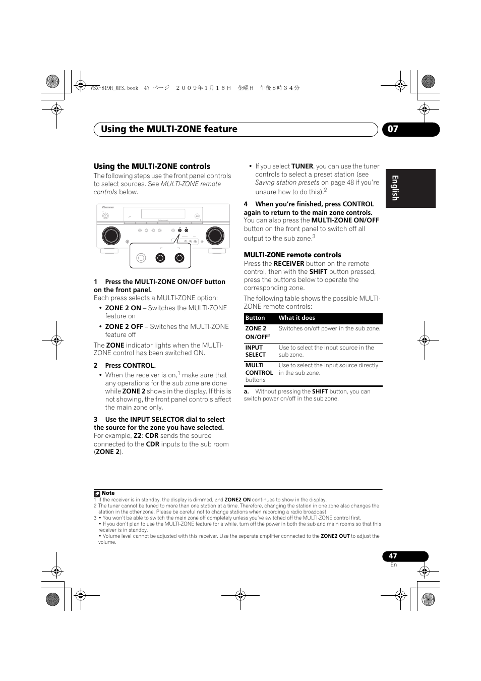 Using the multi-zone controls, Using the multi-zone feature 07 | Pioneer VSX-819H-S User Manual | Page 47 / 212