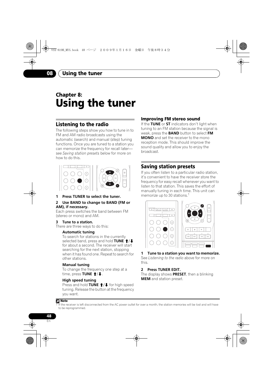 Using the tuner, Listening to the radio, Improving fm stereo sound | Saving station presets, Using the tuner 08, Chapter 8 | Pioneer VSX-819H-S User Manual | Page 48 / 212