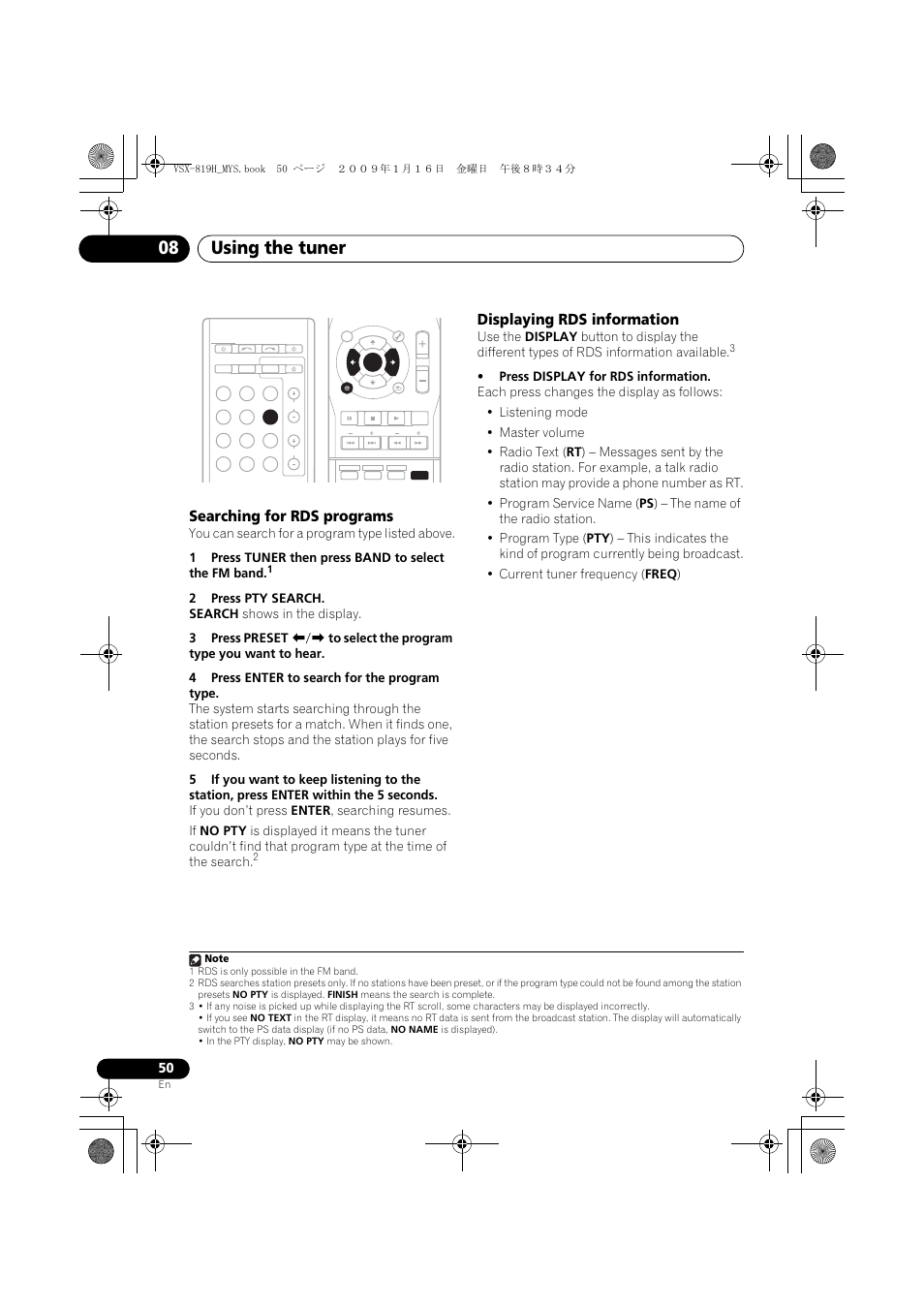 Searching for rds programs, Displaying rds information, Using the tuner 08 | Pioneer VSX-819H-S User Manual | Page 50 / 212
