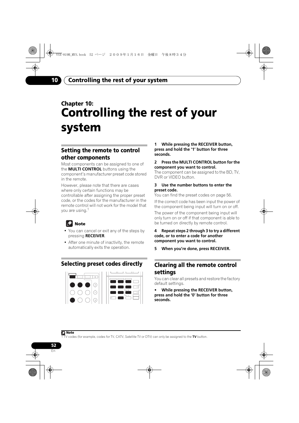 Controlling the rest of your system, Setting the remote to control other components, Selecting preset codes directly | Clearing all the remote control settings, Controlling the rest of your system 10, Chapter 10 | Pioneer VSX-819H-S User Manual | Page 52 / 212