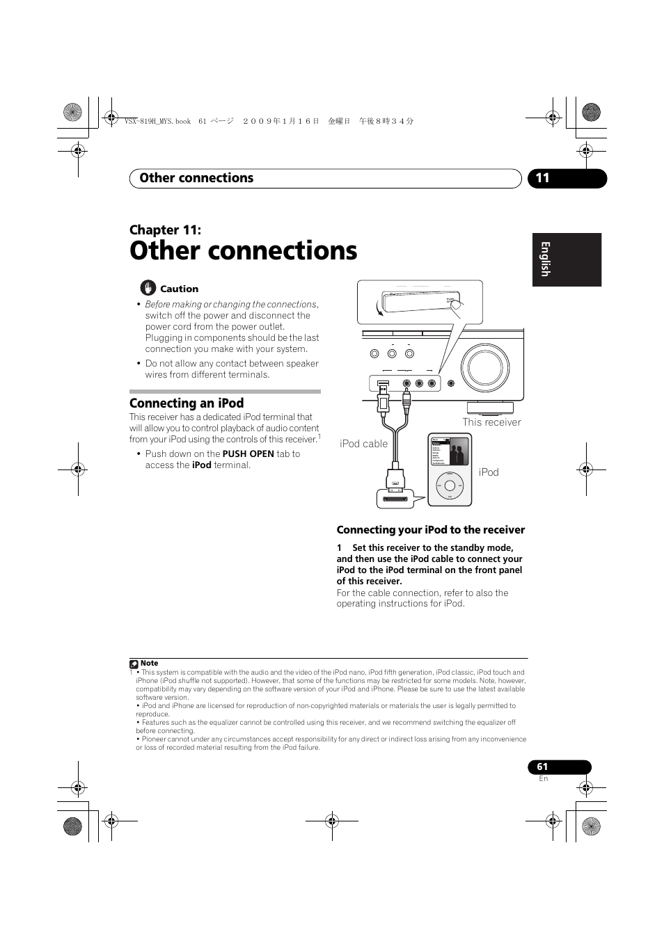 Other connections, Connecting an ipod, Connecting your ipod to the receiver | Other connections 11, Chapter 11, This receiver ipod cable ipod | Pioneer VSX-819H-S User Manual | Page 61 / 212