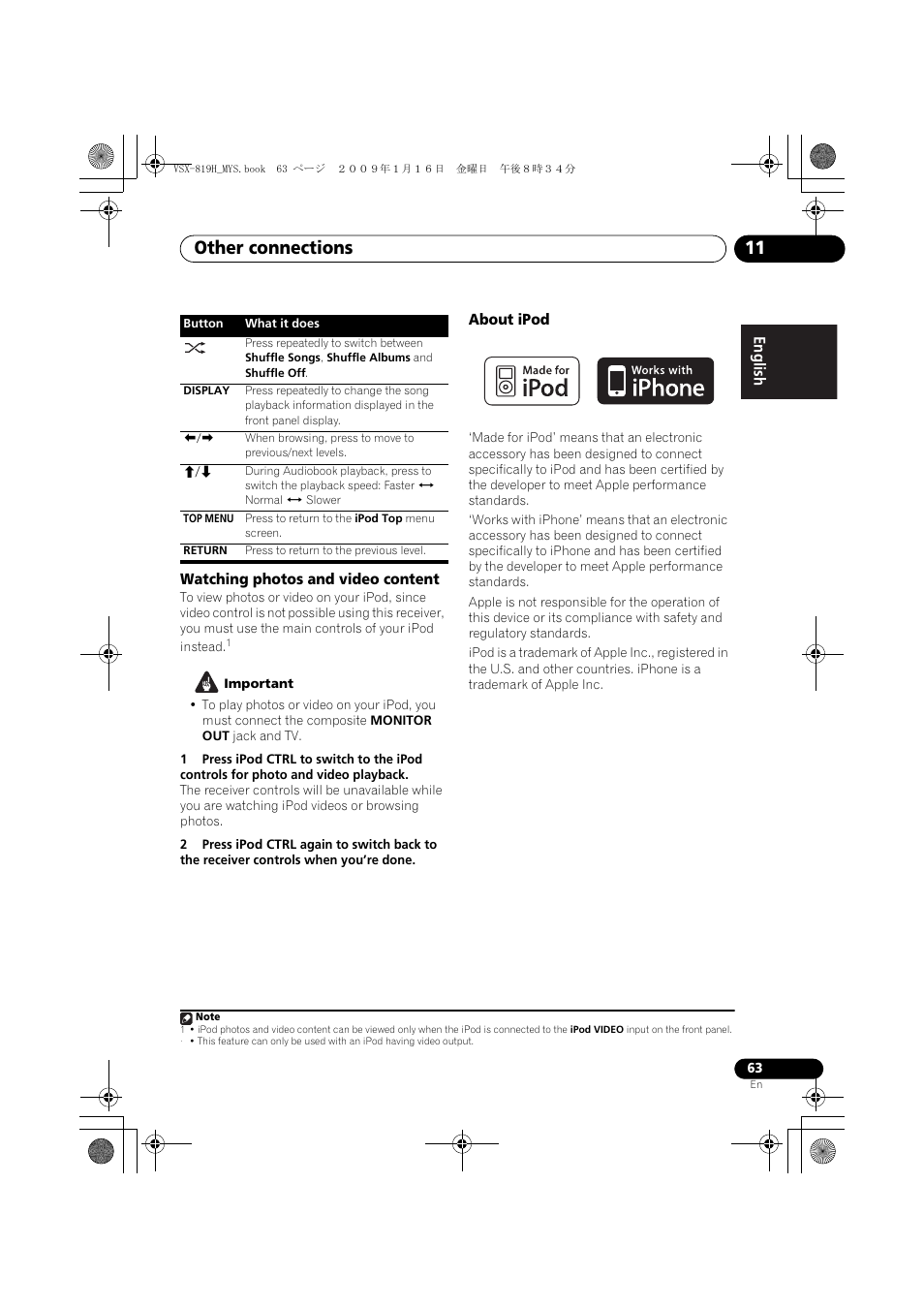 Watching photos and video content, About ipod, Other connections 11 | Pioneer VSX-819H-S User Manual | Page 63 / 212