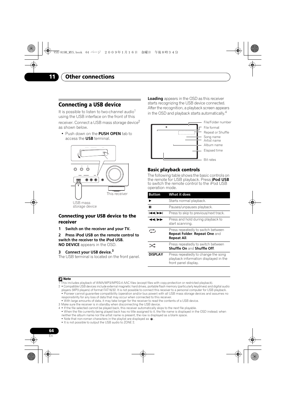 Connecting a usb device, Connecting your usb device to the receiver, Basic playback controls | D 64), Other connections 11, It is possible to listen to two-channel audio | Pioneer VSX-819H-S User Manual | Page 64 / 212