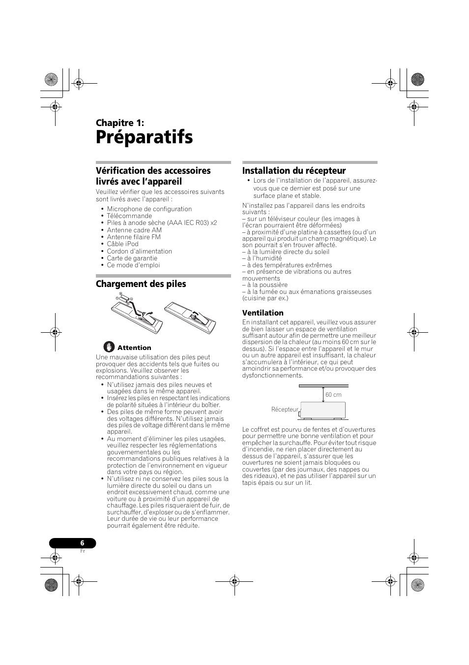 Préparatifs, Chargement des piles, Installation du récepteur | Ventilation, Chapitre 1 | Pioneer VSX-819H-S User Manual | Page 76 / 212