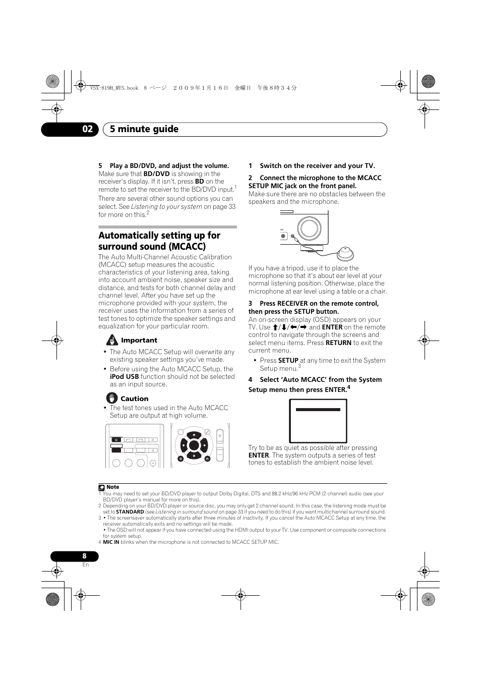 5 minute guide 02, Master volume mcacc setup mic enter r dio | Pioneer VSX-819H-S User Manual | Page 8 / 212