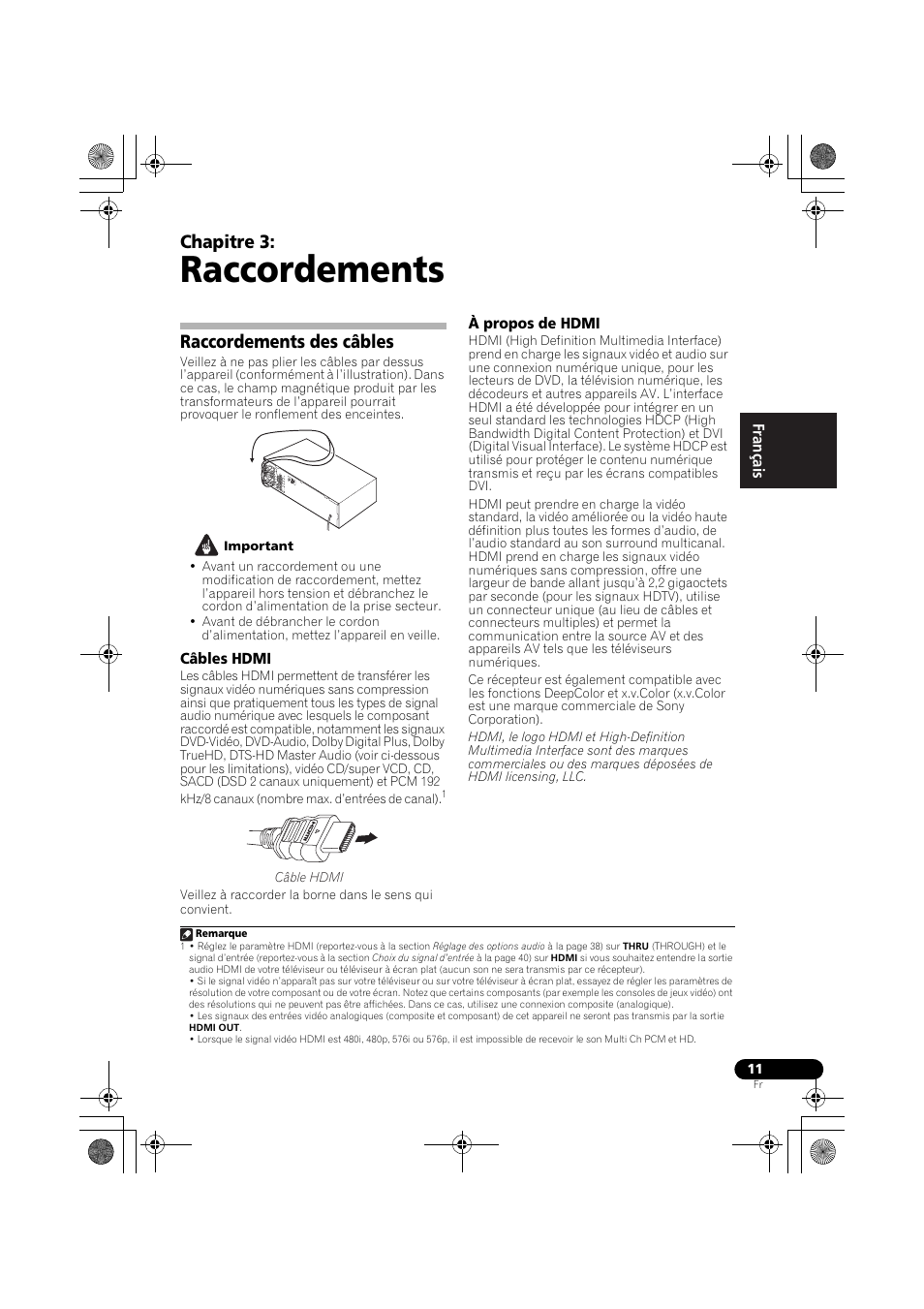 Raccordements, Raccordements des câbles, Câbles hdmi | À propos de hdmi, Câbles hdmi à propos de hdmi, Chapitre 3 | Pioneer VSX-819H-S User Manual | Page 81 / 212