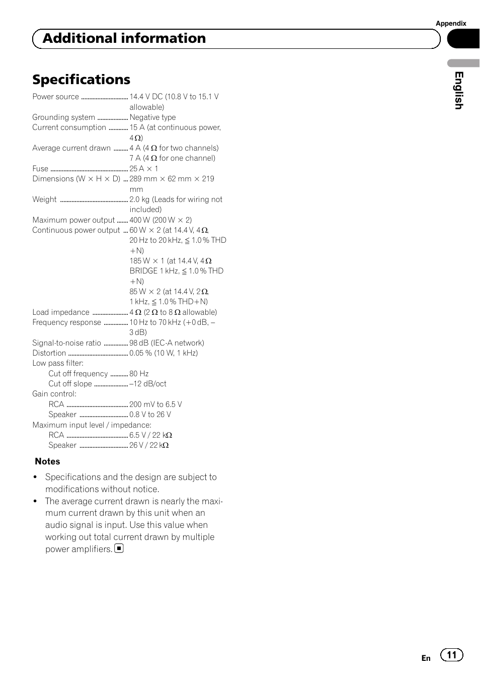 Specifications, Additional information, English | Pioneer GM-3500T User Manual | Page 11 / 84