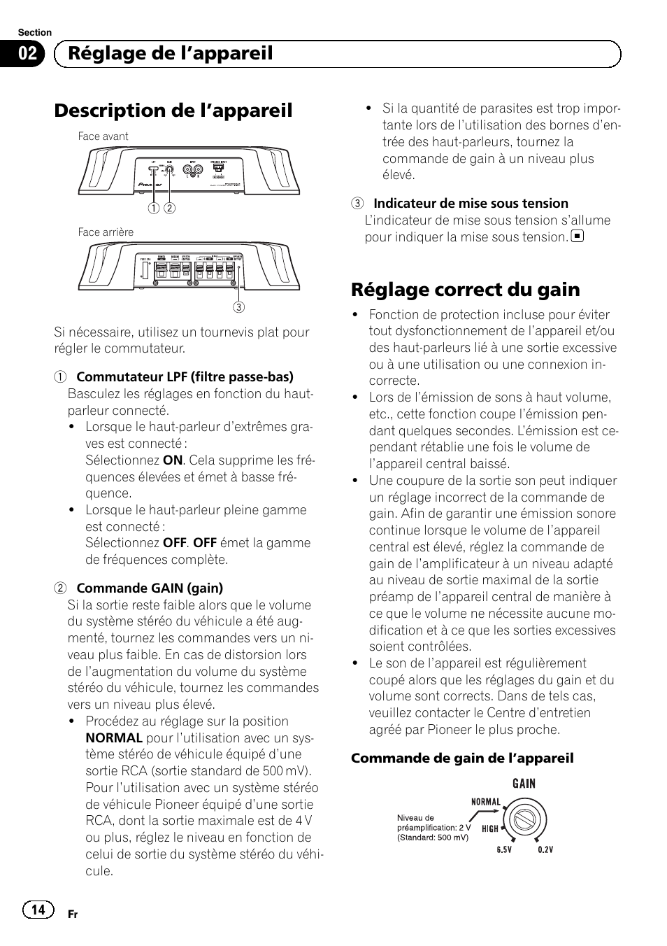 Description de l ’appareil, Réglage correct du gain, 02 réglage de l ’appareil | Pioneer GM-3500T User Manual | Page 14 / 84