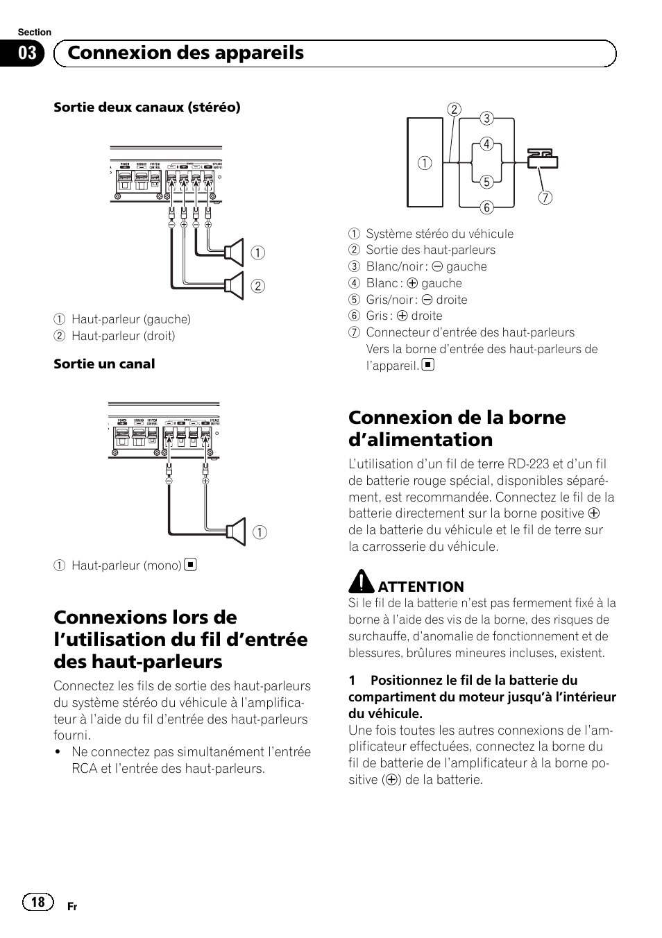 Utilisation du fil d’entrée des, Haut-parleurs, Connexion de la borne d ’alimentation | 03 connexion des appareils | Pioneer GM-3500T User Manual | Page 18 / 84