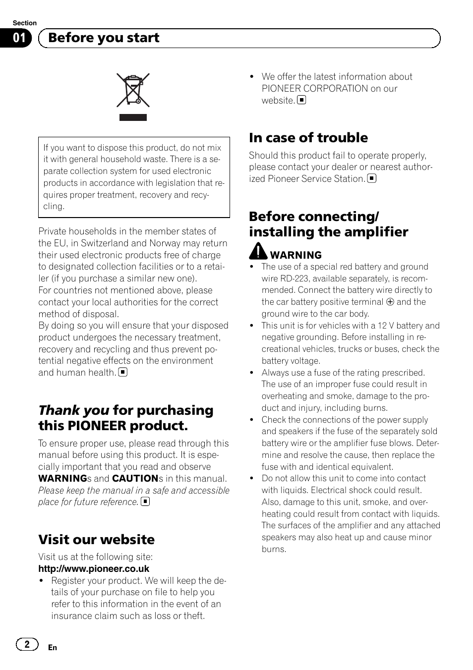 English, Visit our website, Before connecting/ installing the amplifier | 01 before you start | Pioneer GM-3500T User Manual | Page 2 / 84