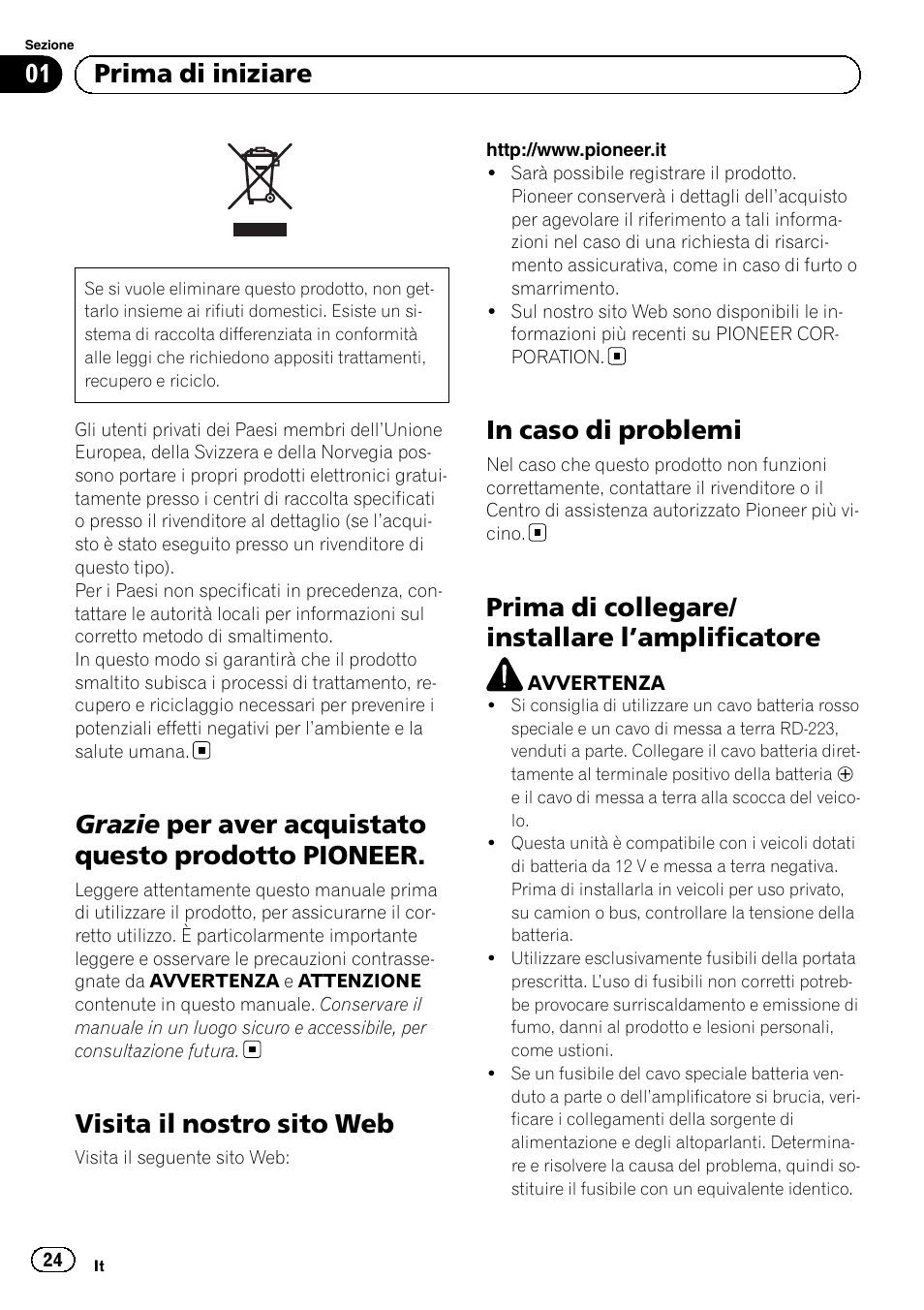 Italiano, Grazie per aver acquistato questo prodotto pioneer, Visita il nostro sito web | Prima di collegare/ installare l ’amplificatore, 01 prima di iniziare | Pioneer GM-3500T User Manual | Page 24 / 84