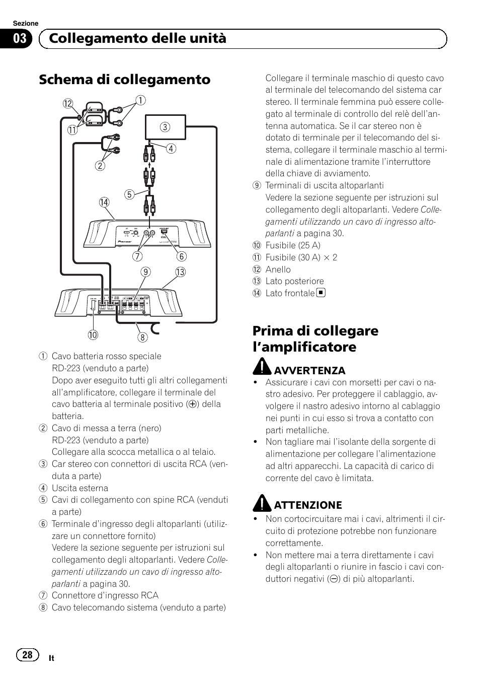 Schema di collegamento, Prima di collegare l ’amplificatore, 03 collegamento delle unità | Pioneer GM-3500T User Manual | Page 28 / 84