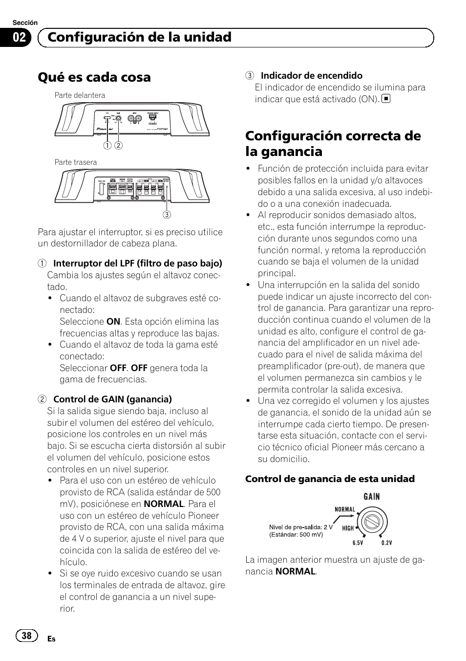 Qué es cada cosa, Configuración correcta de la ganancia, 02 configuración de la unidad | Pioneer GM-3500T User Manual | Page 38 / 84