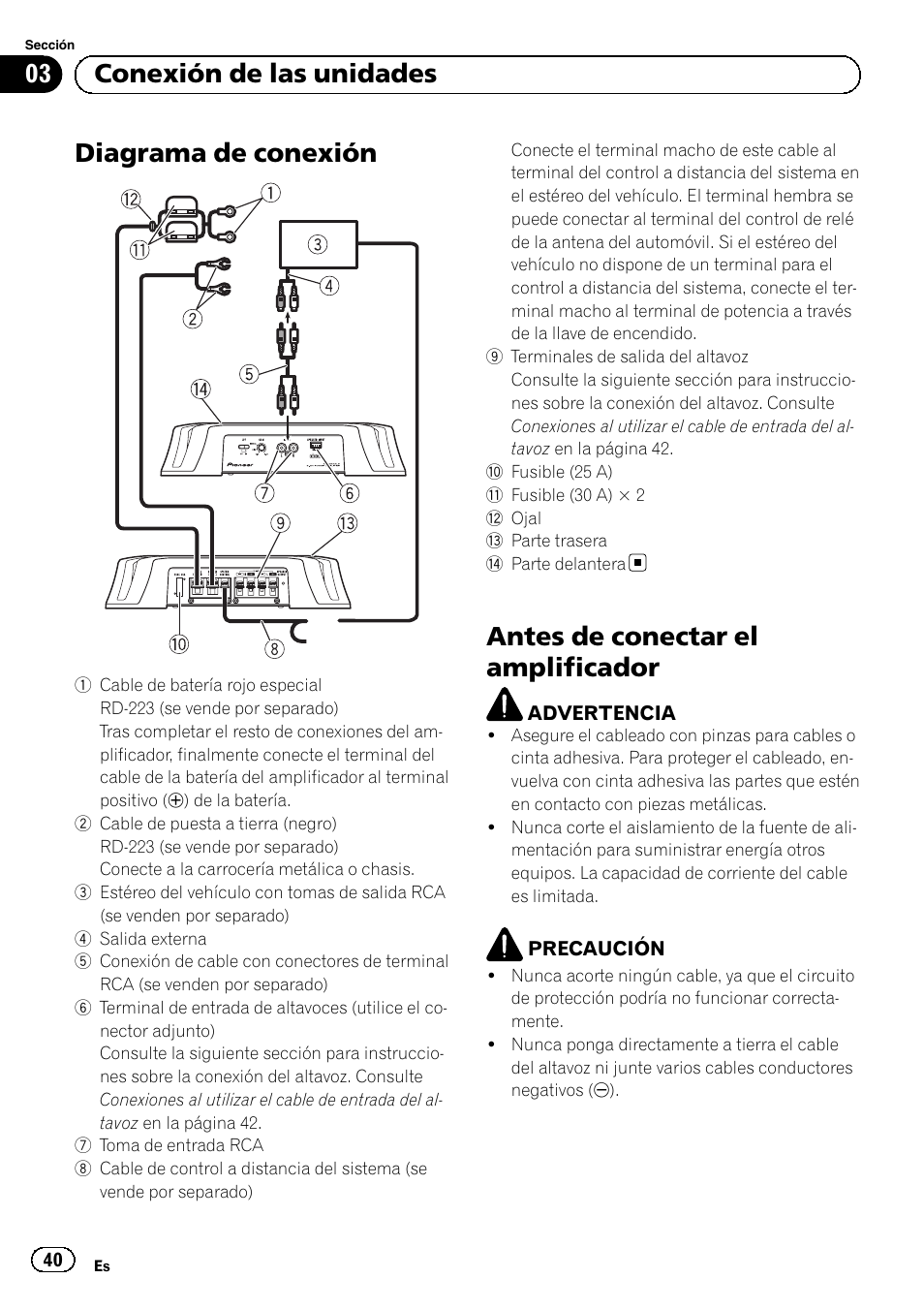 Diagrama de conexión, Antes de conectar el amplificador, 03 conexión de las unidades | Pioneer GM-3500T User Manual | Page 40 / 84