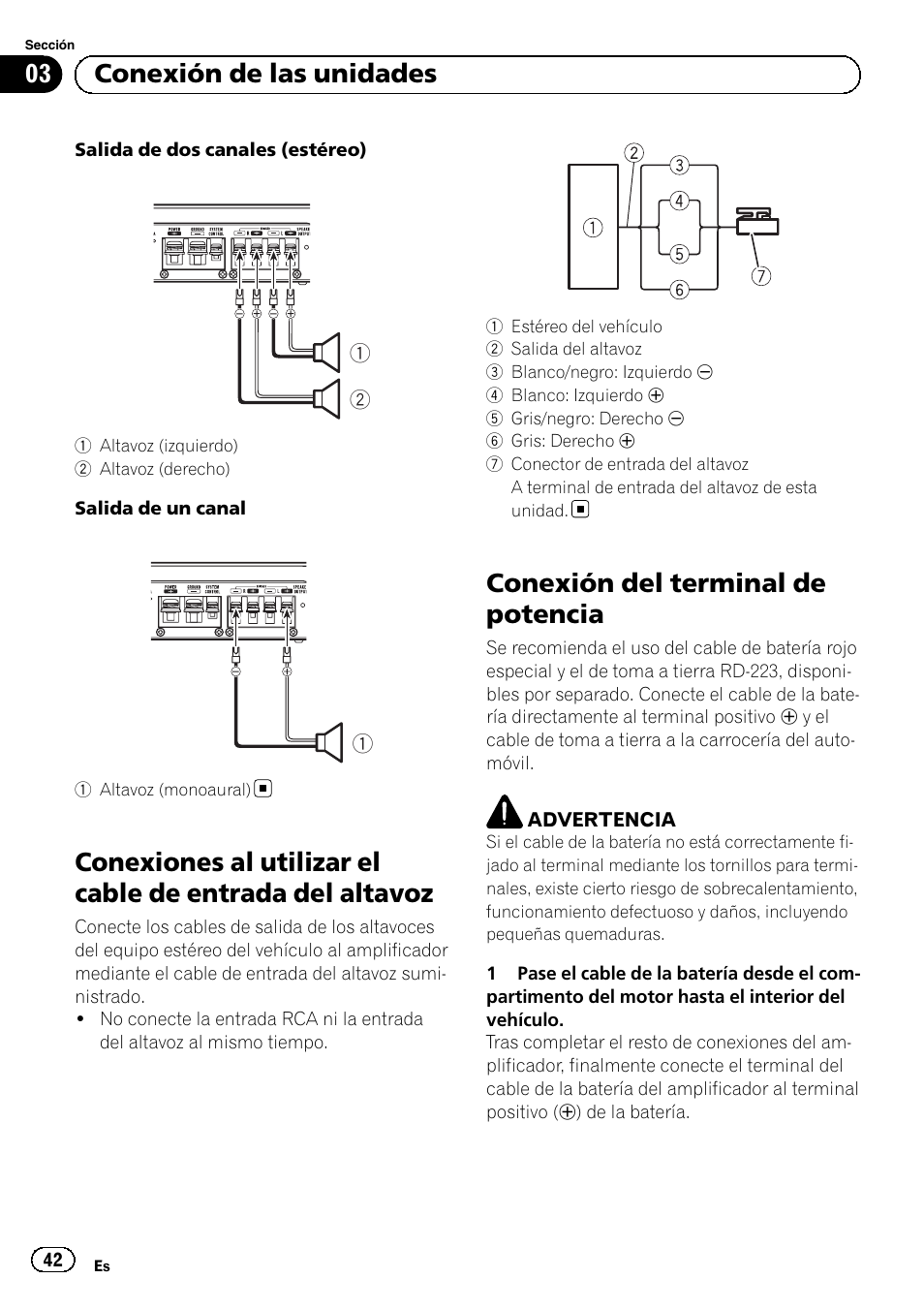 Conexión del terminal de potencia, 03 conexión de las unidades | Pioneer GM-3500T User Manual | Page 42 / 84