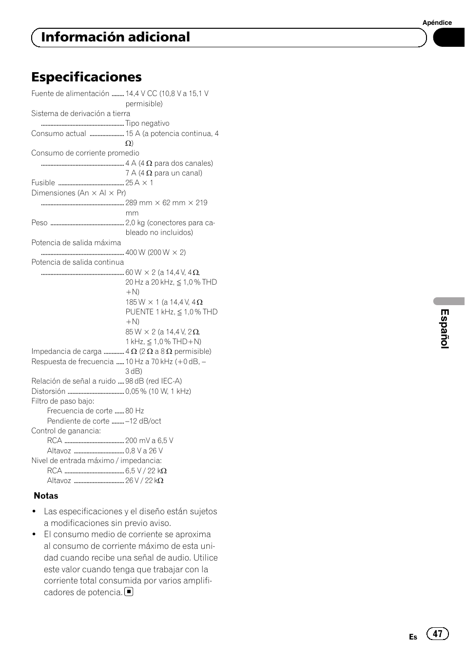 Especificaciones, Información adicional, Español | Pioneer GM-3500T User Manual | Page 47 / 84