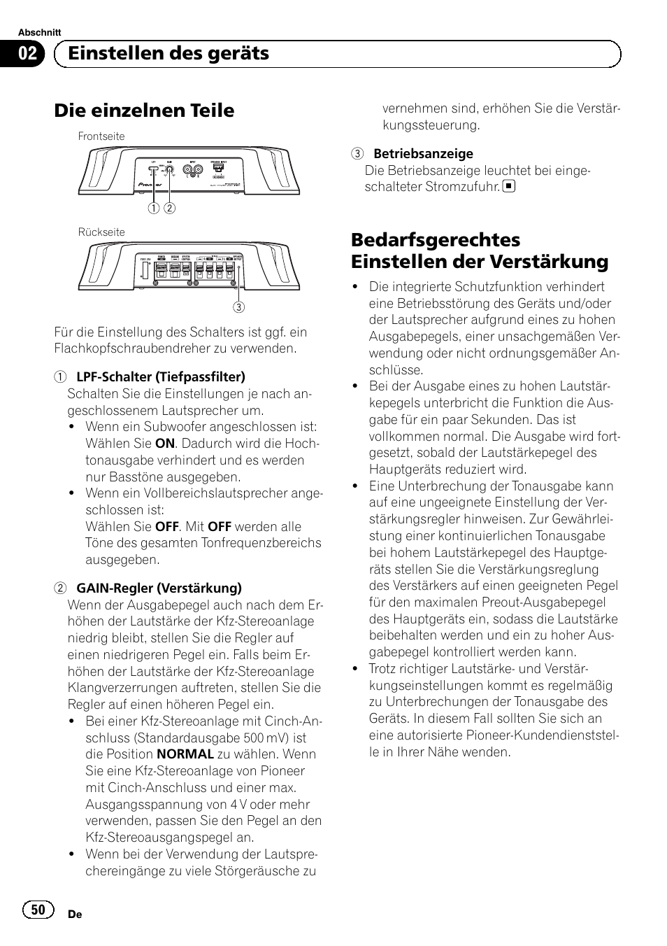 Die einzelnen teile, Bedarfsgerechtes einstellen der verstärkung, 02 einstellen des geräts | Pioneer GM-3500T User Manual | Page 50 / 84
