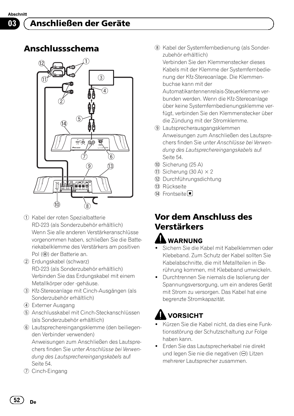 Anschlussschema, Vor dem anschluss des verstärkers, 03 anschließen der geräte | Pioneer GM-3500T User Manual | Page 52 / 84