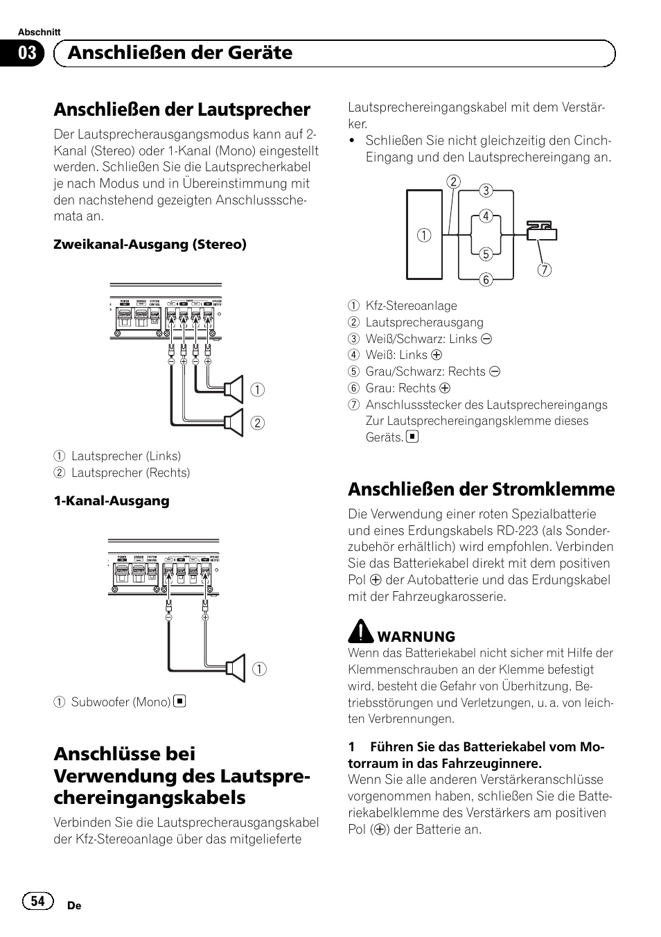 Anschließen der lautsprecher, Anschließen der stromklemme, 03 anschließen der geräte | Pioneer GM-3500T User Manual | Page 54 / 84