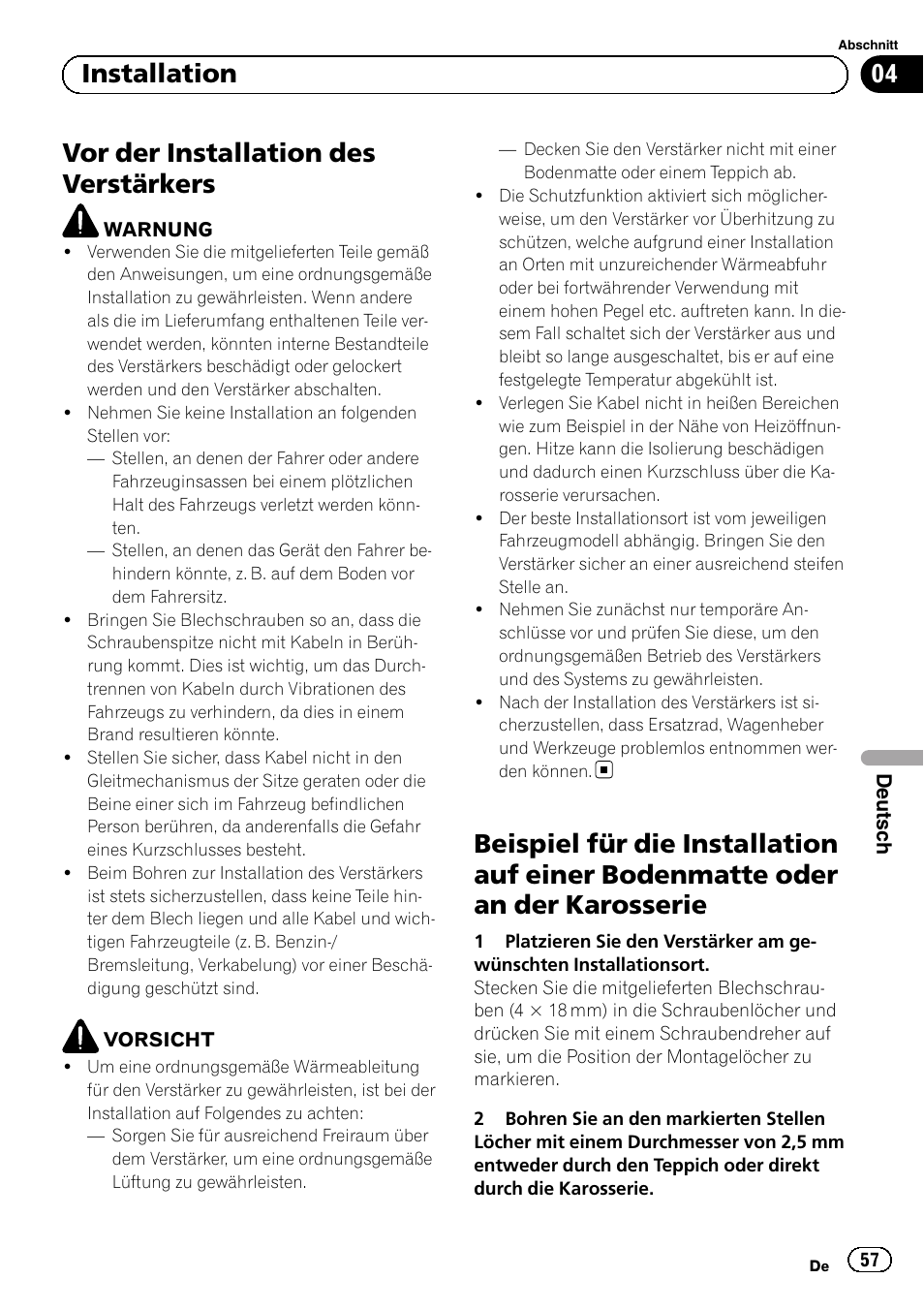 Vor der installation des verstärkers, 04 installation | Pioneer GM-3500T User Manual | Page 57 / 84