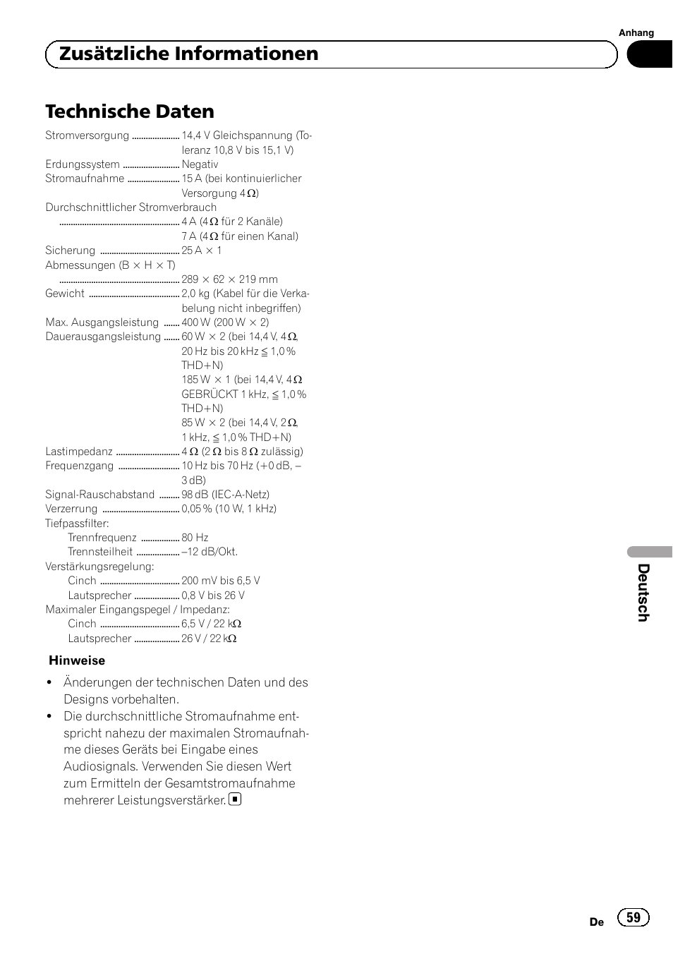 Technische daten, Zusätzliche informationen, Deutsch | Pioneer GM-3500T User Manual | Page 59 / 84