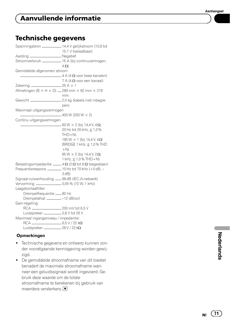 Technische gegevens, Aanvullende informatie, Nederlands | Pioneer GM-3500T User Manual | Page 71 / 84