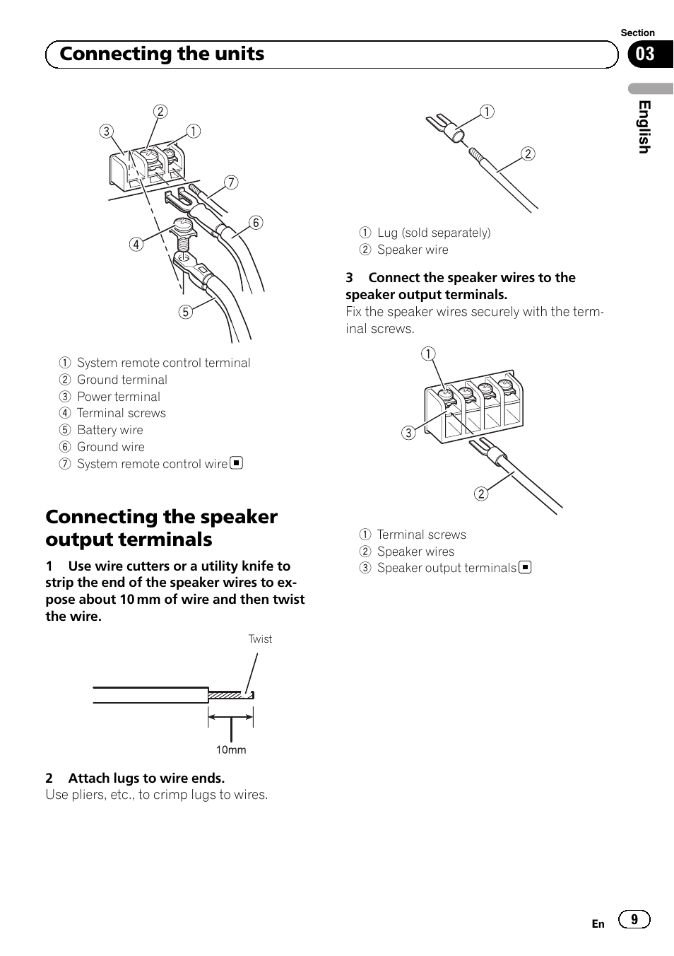 Connecting the speaker output terminals, 03 connecting the units | Pioneer GM-3500T User Manual | Page 9 / 84