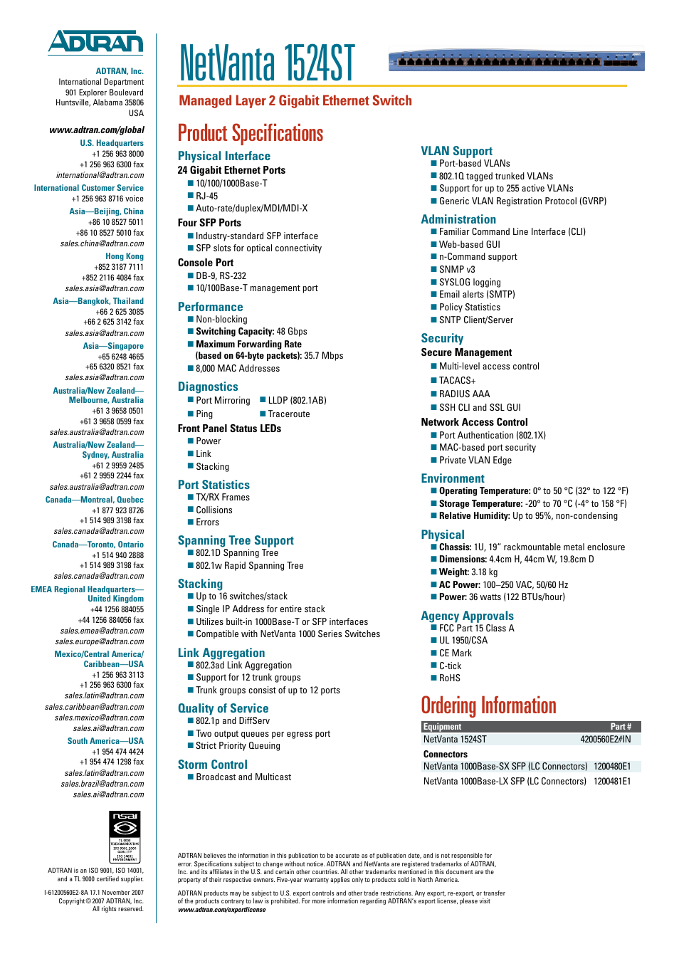 Netvanta 1524st, Product specifications, Ordering information | Managed layer 2 gigabit ethernet switch, Physical interface, Performance, Diagnostics, Port statistics, Spanning tree support, Stacking | ADTRAN NetVanta 1524ST User Manual | Page 2 / 2