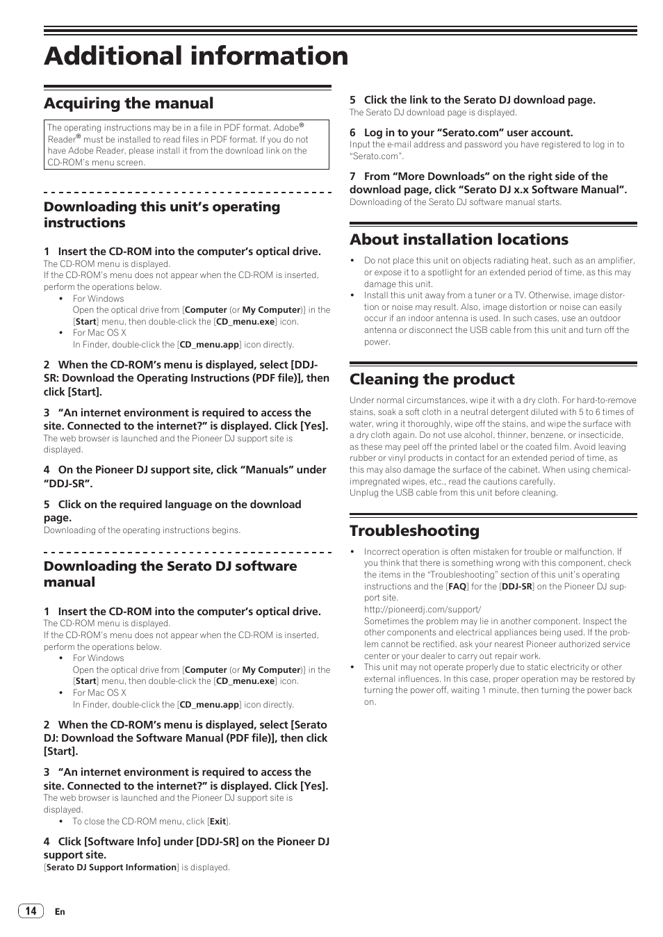 Additional information, Acquiring the manual, About installation locations | Cleaning the product, Troubleshooting, Downloading this unit’s operating instructions, Downloading the serato dj software manual | Pioneer DDJ-SR User Manual | Page 14 / 68